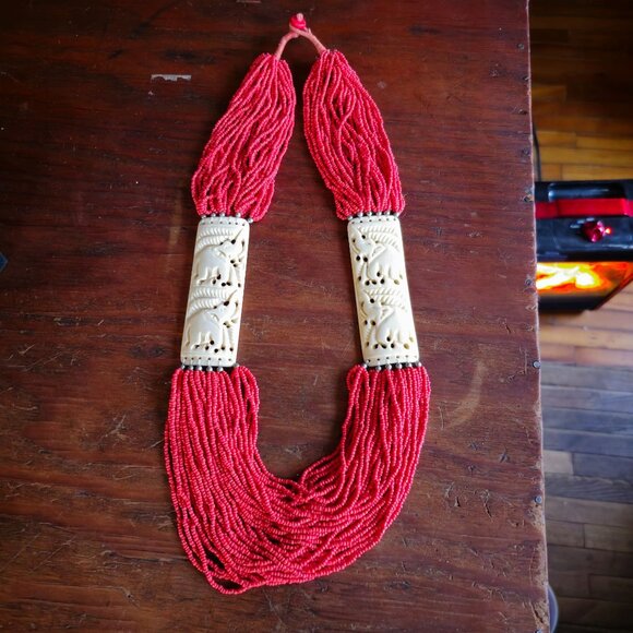 Antique Red Coral Beaded Necklace w/ Hand Carved Elephant Detail Hand Tied Rare! - Picture 9 of 16